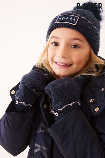 Baker by Ted Baker Navy Girls Scallop Edge Pom Hat and Gloves Set (D69332) | £28