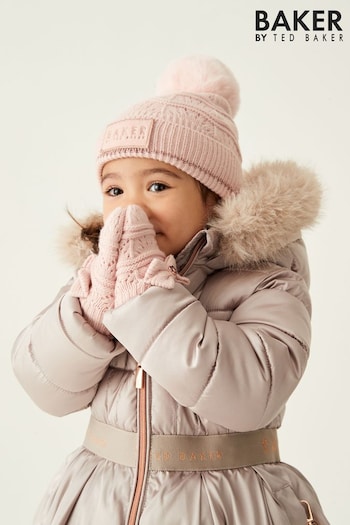 Baker by Ted Baker Girls Pink Scallop Knitted Pom Hat and Mittens Set (D69333) | £26