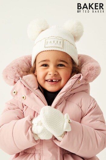 Baker by Ted Baker Girls Cream Double Pom Hat and Mittens Set (D69334) | £26