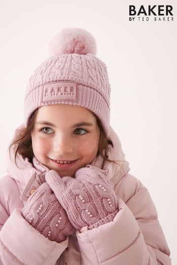 Baker by Ted Baker Girls Pink Pearl Studded Pom Hat and Gloves Set (D69336) | £28