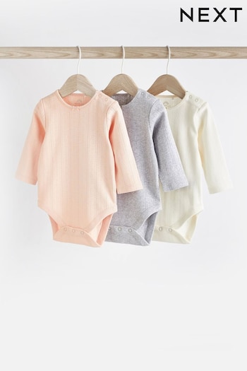 Pink/Grey/White Pointelle Baby Long Sleeve Bodysuits 3 Pack (D70078) | £15 - £17