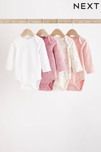 Pink/White Bear Baby Long Sleeve Bodysuits 4 Pack (D70079) | £10 - £12