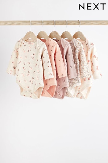 Pink/Cream Baby Long Sleeve Bodysuits 5 Pack (D70080) | £18 - £20