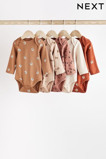 Neutral Leopard Baby Long Sleeve Bodysuits 5 Pack (D70135) | £18 - £20