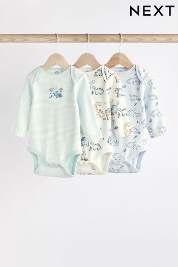 Blue Dinosaur Long Sleeve Baby Bodysuits 3 Pack (D70140) | £15 - £17