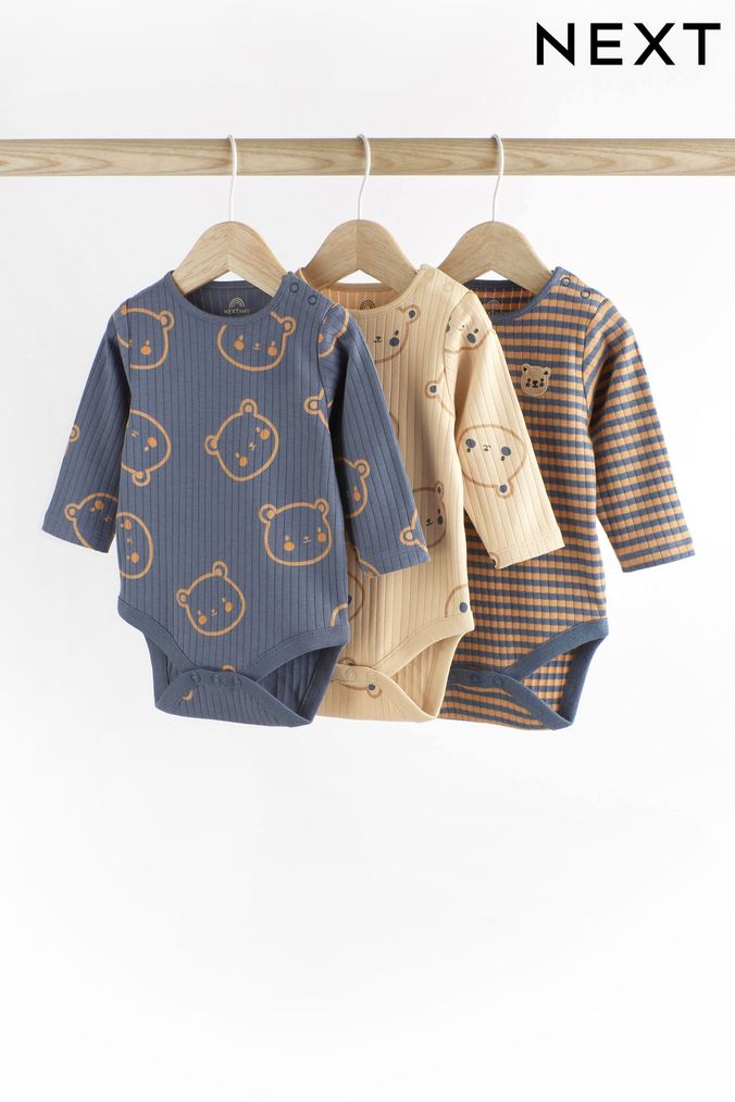 Navy Blue/Tan Brown Baby Long Sleeve Rib Bodysuits 3 Pack (D70142) | £14 - £16