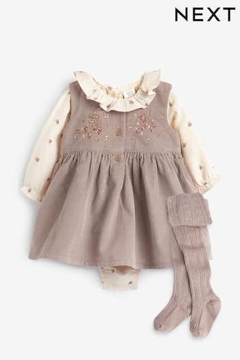 Pink Embroidered Baby Pinafore Dress And Bodysuit 3 Piece Set (0mths-2yrs) (D70238) | £23 - £25