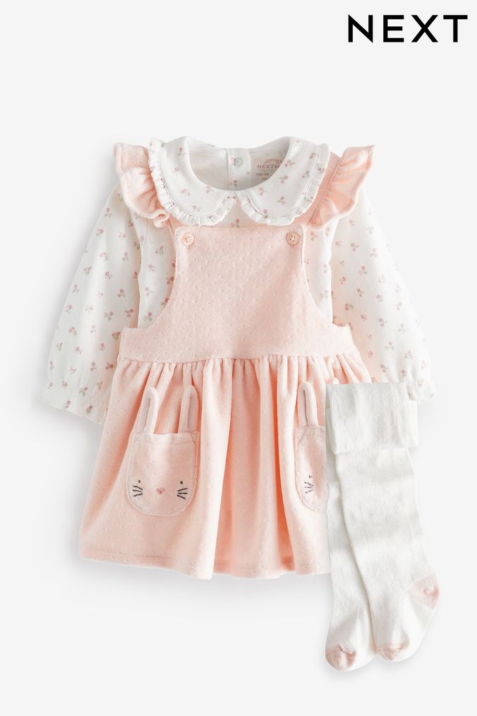 Pink Baby Velour Dress And Jersey Bodysuit Set with Tights 3 Piece (0mths-2yrs) (D70239) | £24 - £26