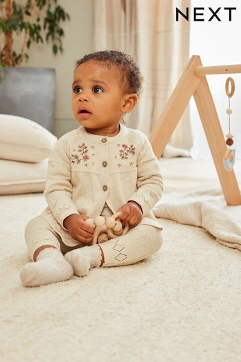 Neutral Knitted Baby Cardigan And Leggings floral-appliqu 2 Piece Set (0mths-2yrs) (D70255) | £20 - £22