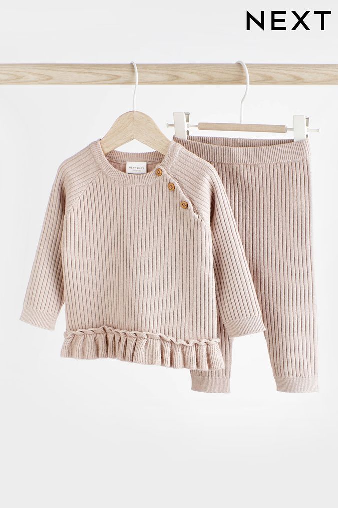 Mocha Brown Knitted Baby 2 Piece Set (0mths-2yrs) (D70257) | £16 - £18