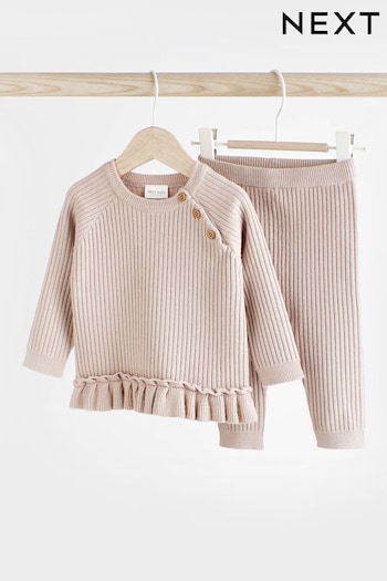 Mocha Brown Knitted Baby 2 Piece Set (0mths-2yrs) (D70257) | £16 - £18