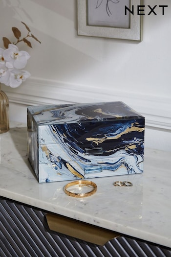 Navy Marble Effect Glass Jewellery Box (D70369) | £40