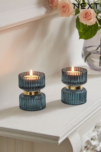 Set of 2 Navy/Gold Glass Tealight and Tapered Candle Holders (D70382) | £9