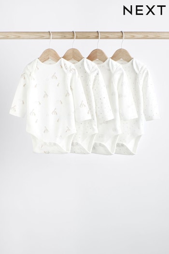 Delicate White Animal 4 Pack Baby Printed Long Sleeve Bodysuits (D70405) | £10 - £12