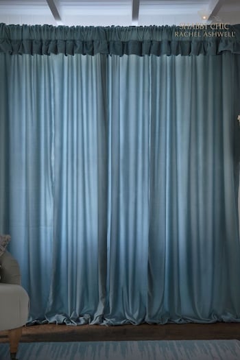 Shabby Chic by Rachel Ashwell® Aqua Blue Pencil Pleat Velvet Ruffle Lined Curtains (D70676) | £70 - £170