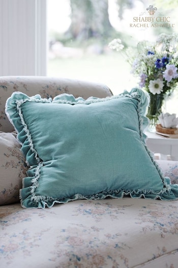 Shabby Chic by Rachel Ashwell® Aqua Blue Velvet Ruffle Square Jewel Cushion (D70740) | £35