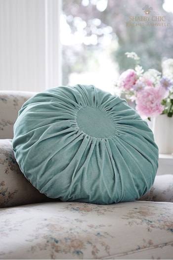 Shabby Chic by Rachel Ashwell® Aqua Blue Velvet Ruffle Jewel Round Cushion (D70741) | £32
