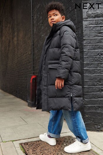 Black Extra Longline Puffer Coat (3-16yrs) (D70760) | £44 - £60