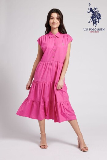 U.S. Polo Assn. Womens Pink Sleeveless Tiered Shirt Dress (D70903) | £75