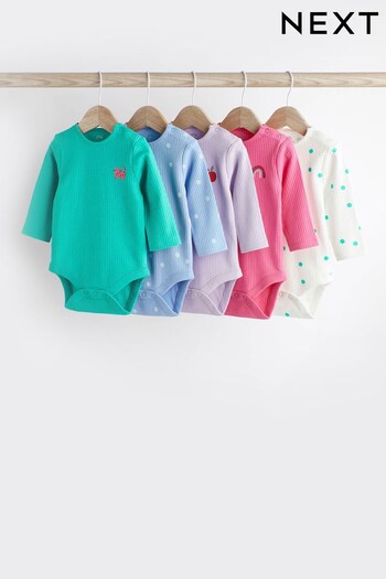 Multi Bright Baby Long Sleeve Rib Bodysuits 5 Pack (D71015) | £19 - £21
