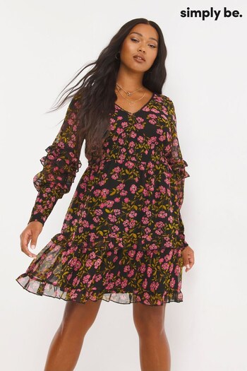 Simply Be Black Floral Shirred Cuff Skater Dress (D71071) | £42