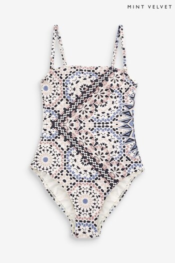 Mint Velvet Pink Tile Print Tummy Control Bandeau Swimsuit (D71311) | £69