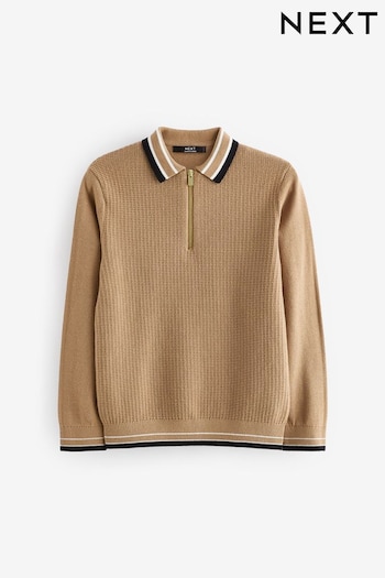 Tan Brown Long Sleeve Knitted Zip Shorts Polo Shirt (3-16yrs) (D71338) | £14 - £19