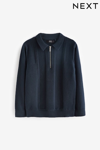 Navy Blue Textured Knit Zip Neck Long Sleeve Polo Shirt (3-16yrs) (D71363) | £15 - £20