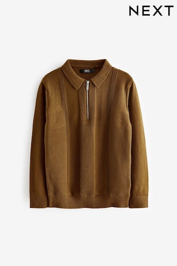 Brown Textured Knit Zip Neck Long Sleeve logo-patch Polo Shirt (3-16yrs) (D71364) | £15 - £20