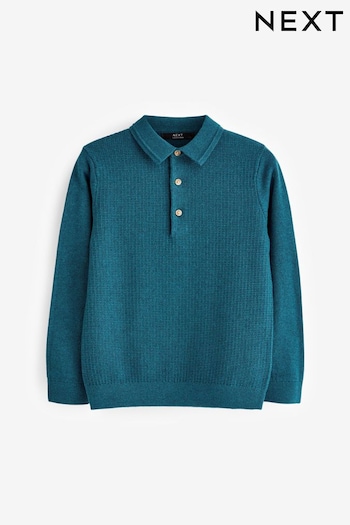 Teal Blue Long Sleeve Knitted Textured Polo Shirt (3-16yrs) (D71365) | £13 - £18