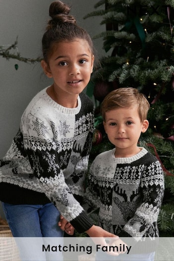 Monochrome Fairisle Pattern Christmas Kids Knitted Jumper (3mths-16yrs) (D71491) | £18 - £24