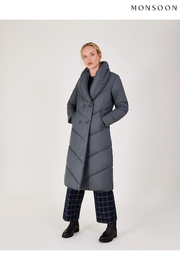 Monsoon Grey Clara Longline Padded Recycled Polyester Maxi Coat (D71620) | £180