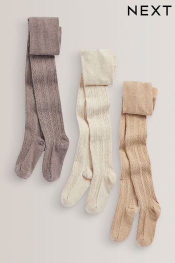 Oatmeal Cream/Brown 3 Pack Cotton Rich Cable Tights (D71627) | £15 - £21