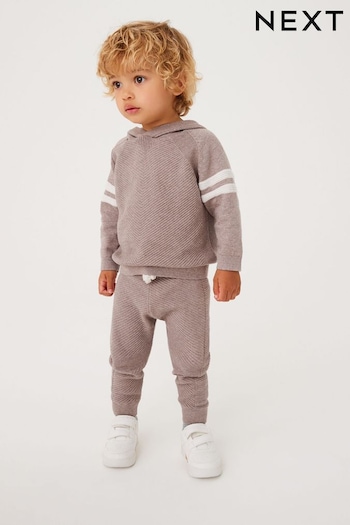 Taupe Brown Knitted Textured Hoodie and Joggers Set (3mths-7yrs) (D71648) | £24 - £28