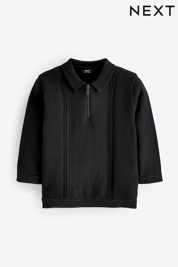Black Long Sleeve Zip Neck Textured Camisa Polo Shirt (3mths-7yrs) (D71651) | £14 - £16