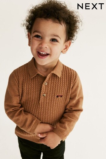 Neutral Cable Knit Smart Long Sleeve Shorts Polo Shirt (3mths-7yrs) (D71654) | £12 - £14