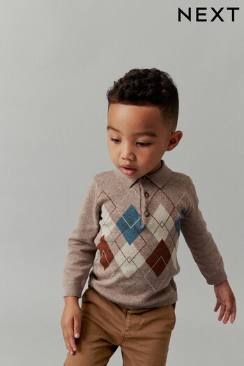 Tan Brown Argyle Pattern Check Long Sleeve Patterned Knit Polo Shirt (3mths-7yrs) (D71656) | £13 - £15