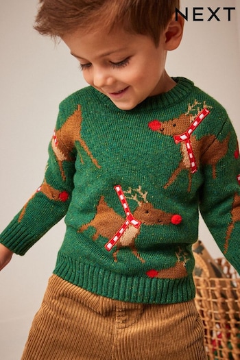 Green Reindeer Knitted Christmas Jumper (3mths-7yrs) (D71664) | £15 - £17