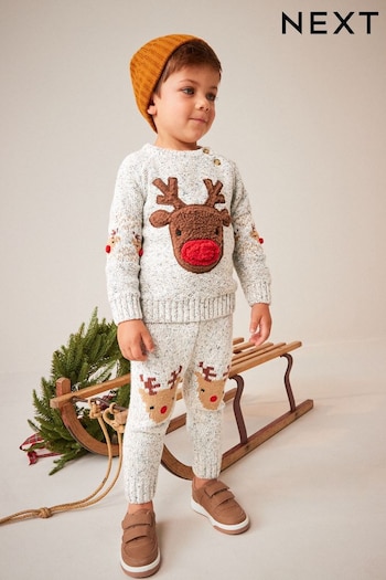 Grey Reindeer Knitted Christmas Sweater & Joggers Set (3mths-7yrs) (D71665) | £26 - £30