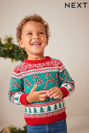 Red/Green Candy Cane Fairisle Pattern Knitted Christmas Jumper (3mths-16yrs) (D71667) | £15 - £17