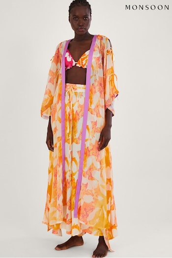 Monsoon Orange Abstract Print Longline Kimono Cover-up (D71685) | £75