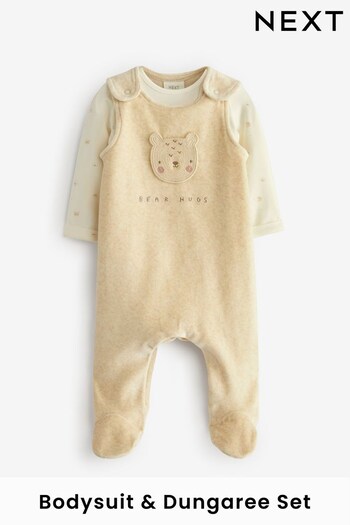 Neutral Bear Velour Baby Dungaree And Bodysuit (0-9mths) (D71796) | £19