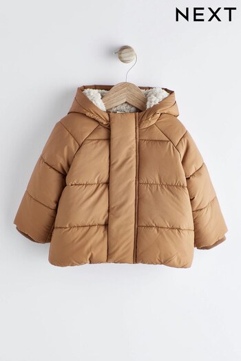Tan Brown Baby Hooded Puffer Jacket (0mths-2yrs) (D71800) | £20 - £22