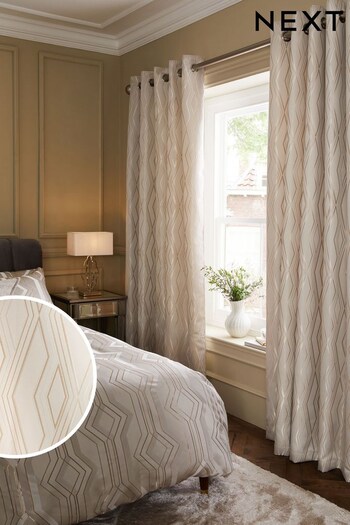Champagne Gold Diamond Jacquard Geometric Eyelet Lined Curtains (D71816) | £55 - £145