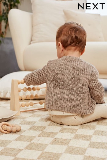 Brown Chunky Knitted Baby Embroided Cardigan (D71873) | £16 - £18
