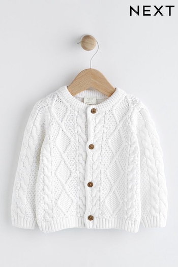 White Cable Knitted Baby Cardigan (D71878) | £14 - £16