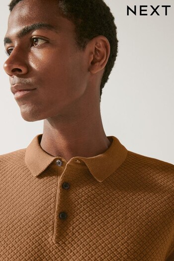 Tan Brown Textured Knitted Polo Shirt (D72114) | £28