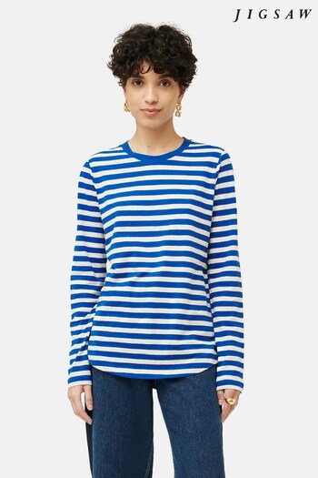 Jigsaw Blue Cotton Slub Stripe Long Sleeve T-Shirt (D72305) | £45