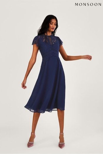 Monsoon Blue Louise Lace Midi Dress (D72452) | £125