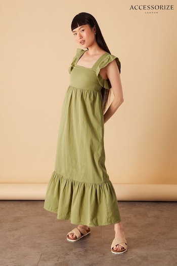 Accessorize Green Frill Shoulder Textured Midi Dress (D72474) | £45